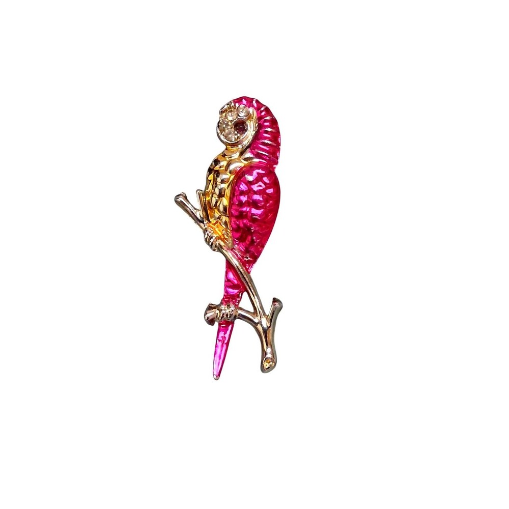 Pink Enamel Parrot Bird Brooch Pin Gold Tone Rhinestone Crystals